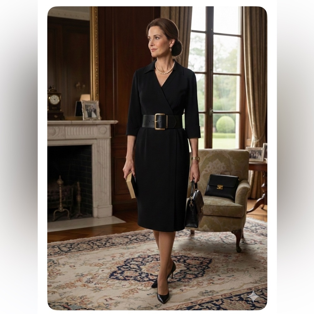 Tahari Arthur S. Levine Black Faux Wrap Coat Dress 12 Sheath, Cuffed Sleeves - Picture 1 of 13